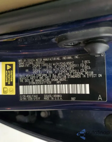 2012 Toyota Highlander Base from USA, damaged, VIN 5TDBK3EH3CS171636